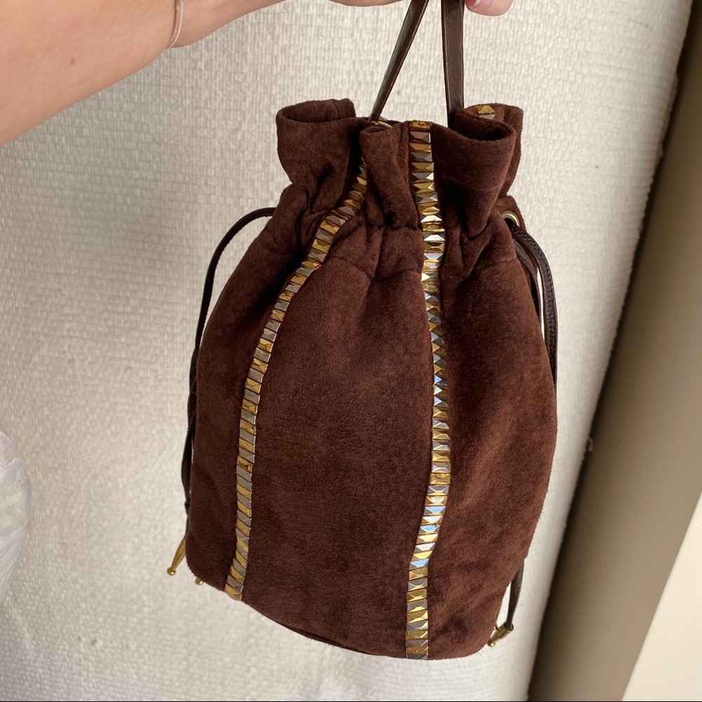 Vintage 70s Crossbody Suede Studs Bucket Bag Brown - Picture 7 of 8